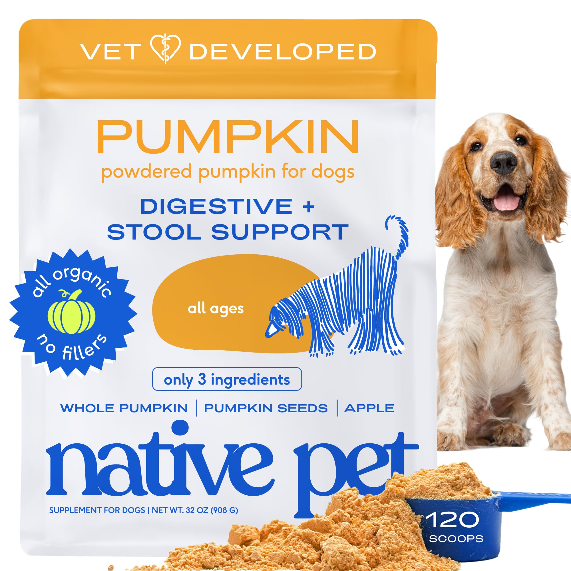 Native Pet Citrouille pour Chiens – poudre prête à l’emploi, facilite la digestion.
