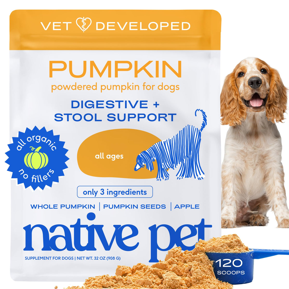Native Pet Citrouille pour Chiens – poudre prête à l’emploi, facilite la digestion.