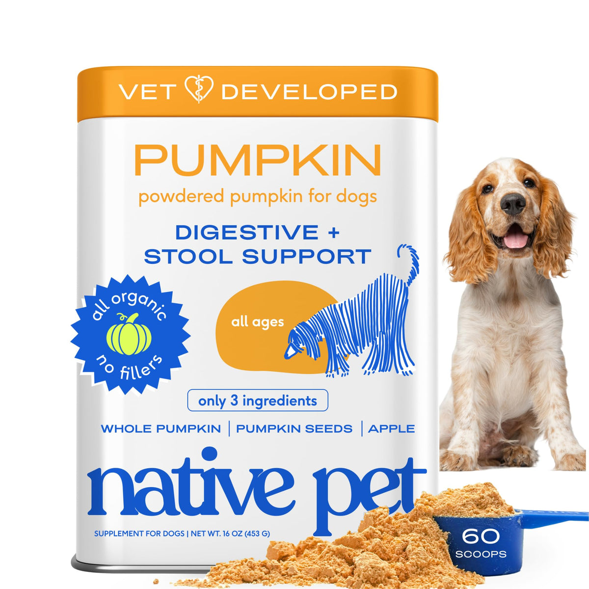 Native Pet citrouille en poudre pour chien, topper pratique pour les repas.