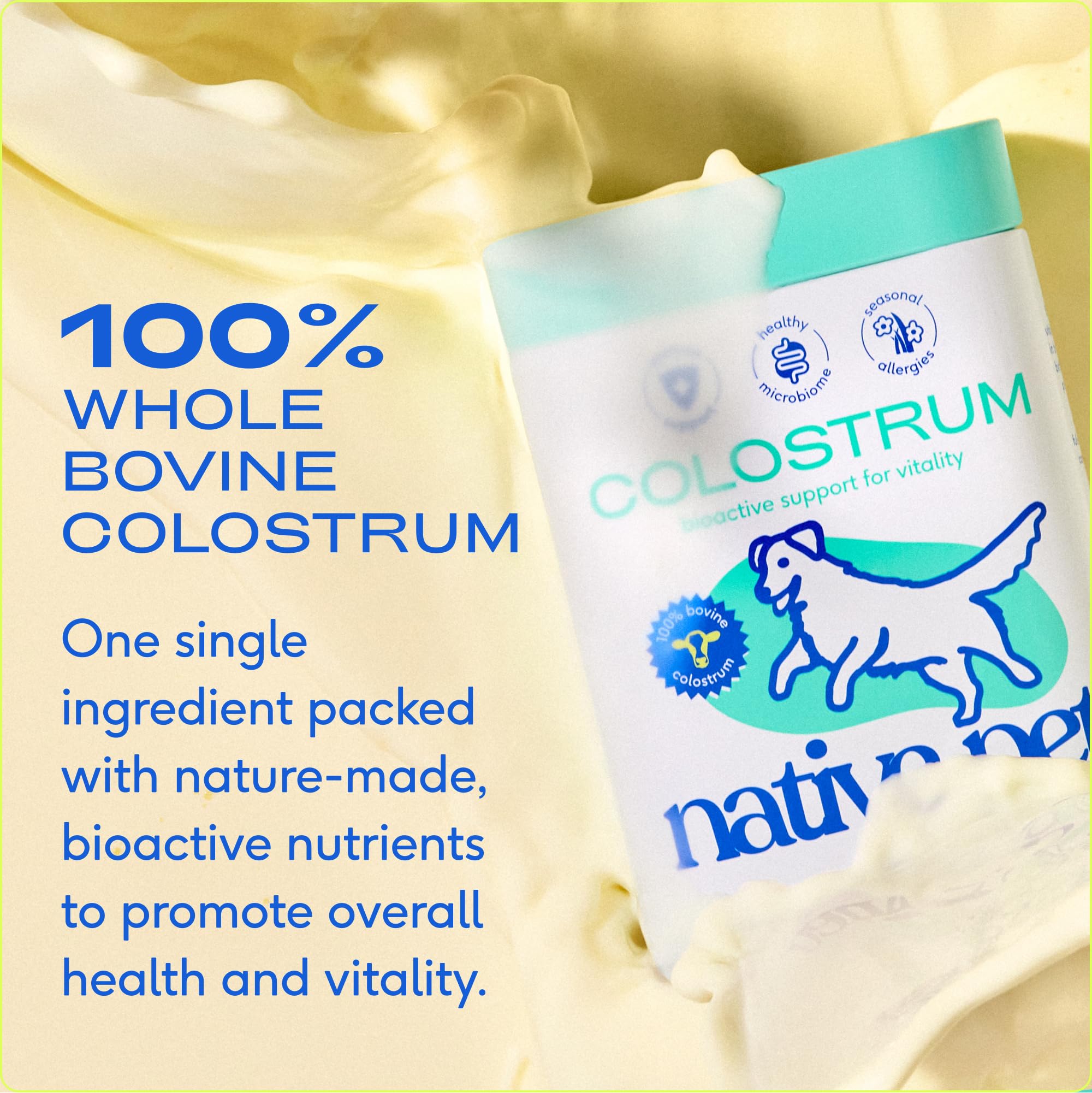Native Pet Colostrum – saupoudrage sur nourriture pour chien.
