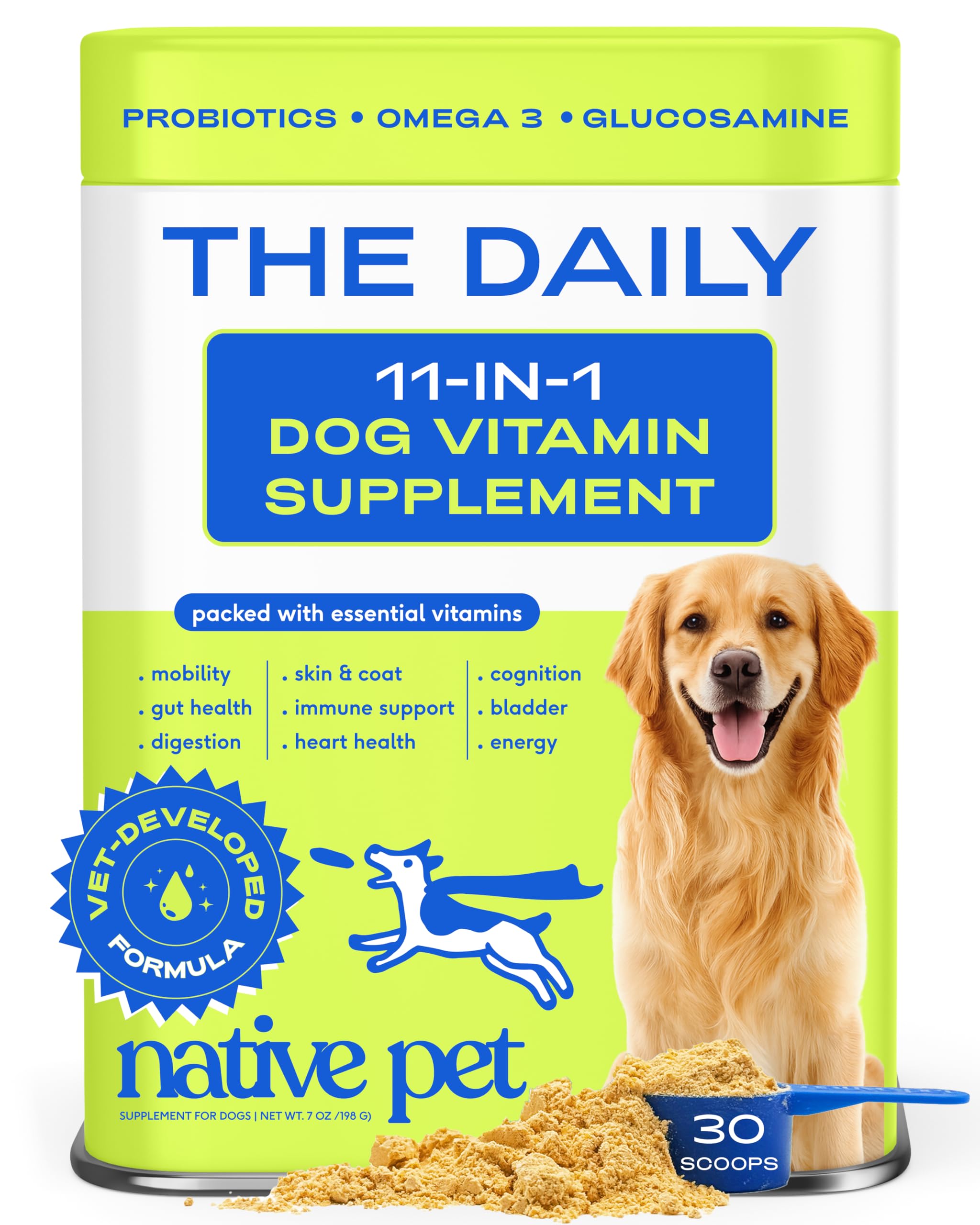 Native Pet Daily Dog Vitamins, flacon clair illustrant le format 11-en-1.