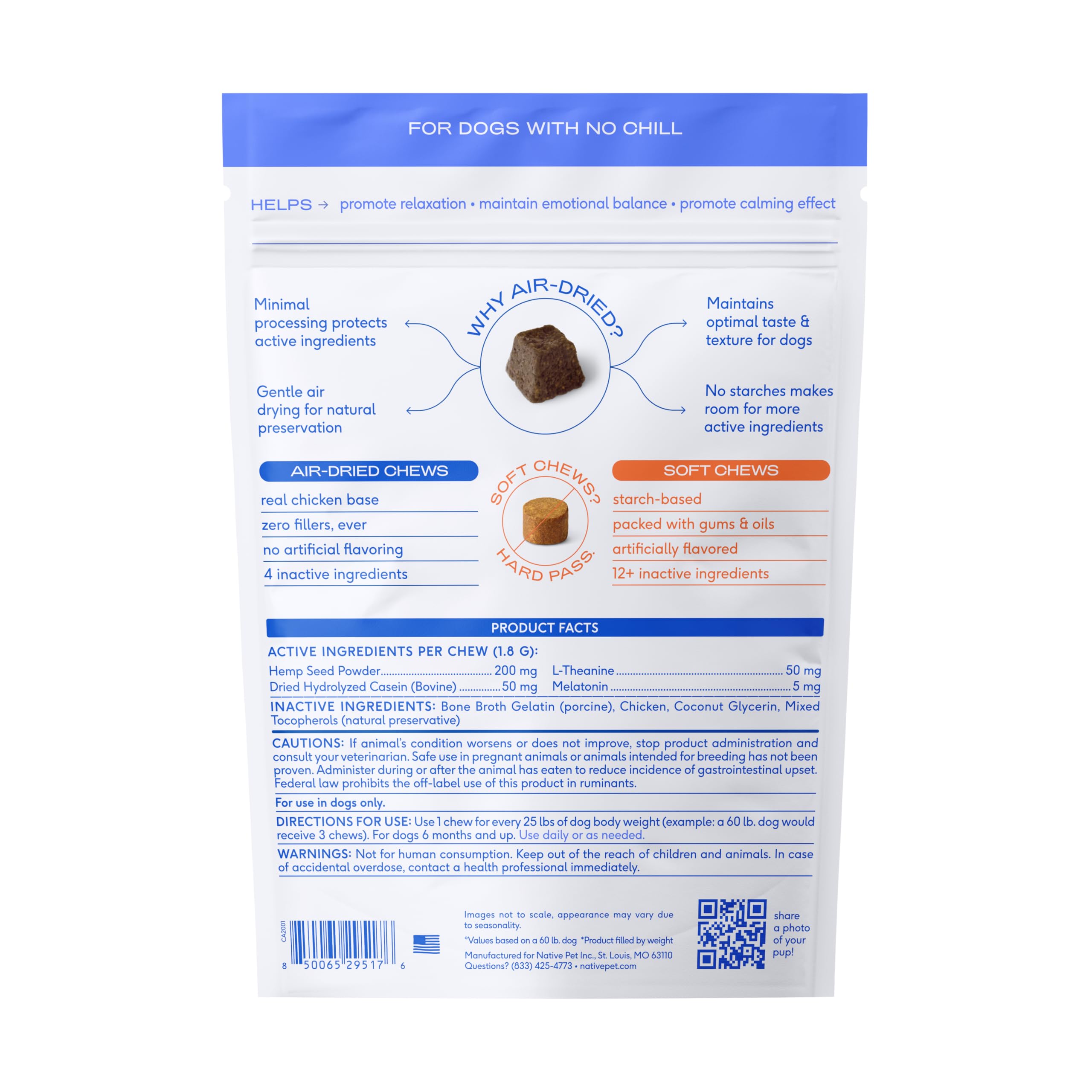 Avant-stress des friandises apaisantes Native Pet pour chien grande race, aide potentielle lors des déclencheurs