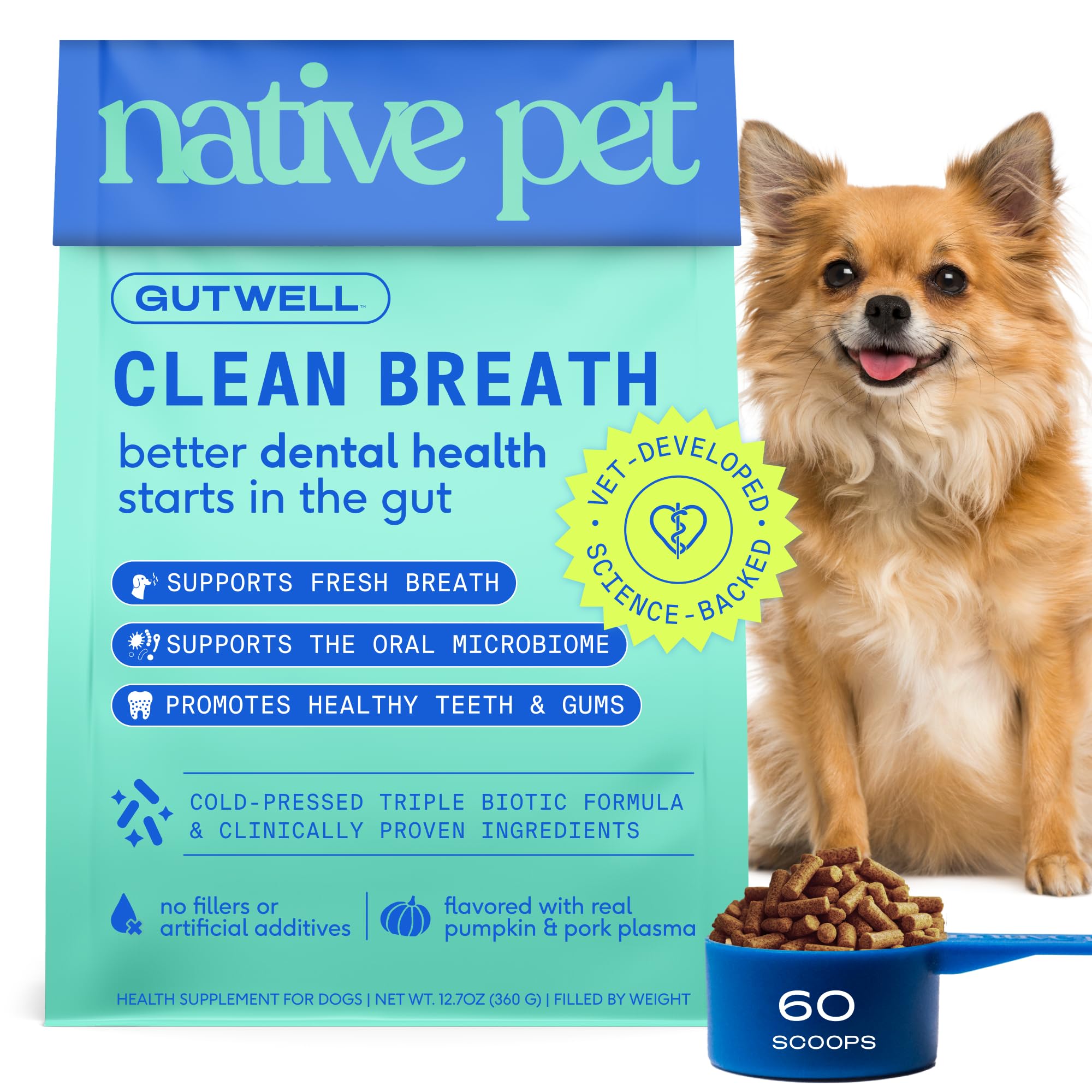 GutWell Native Pet — emballage prêt à l’emploi, poudre dentaire canine pour haleine plus fraîche.