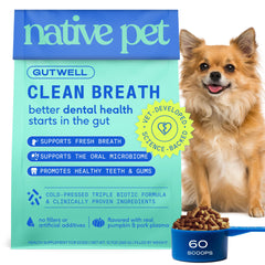 GutWell Native Pet — emballage prêt à l’emploi, poudre dentaire canine pour haleine plus fraîche.