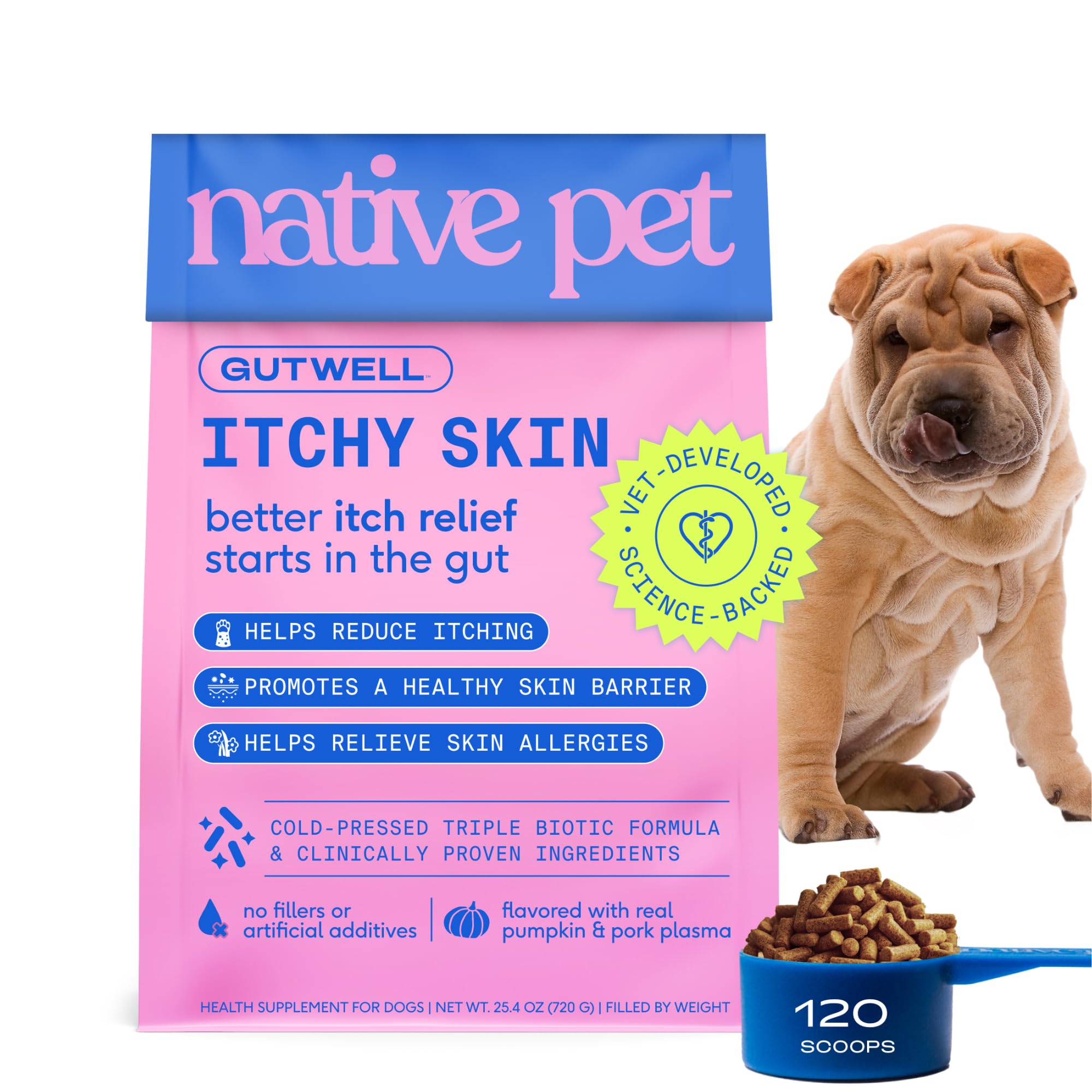 Native Pet GutWell granulés pour chien favorisent peau saine et pelage brillant.