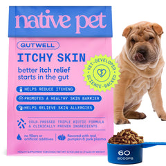 GutWell de Native Pet – granulés démangeaisons pour chien, soulagement potentiel.