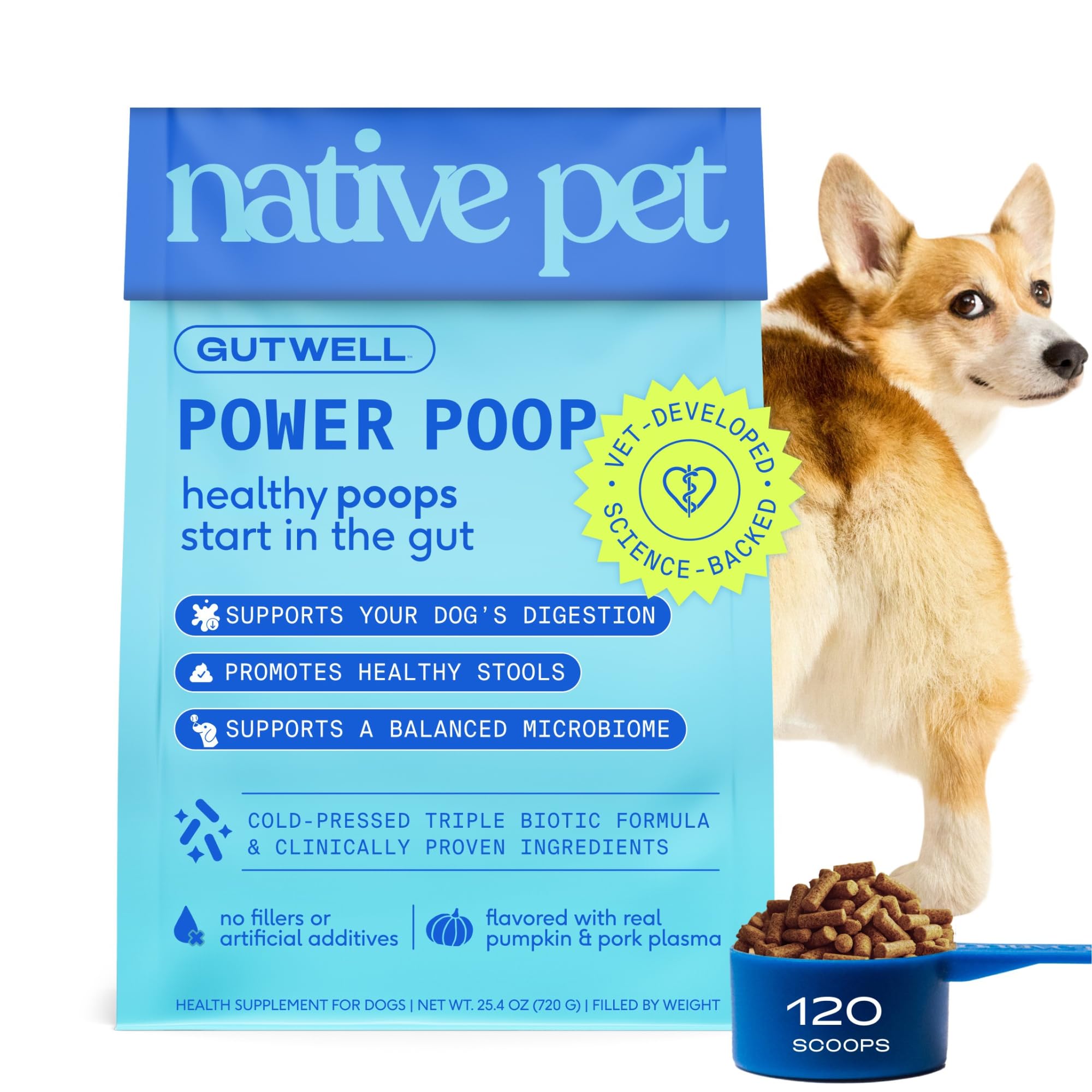 Native Pet GutWell Power Poop bocal-poudre pour soutien digestif quotidien des chiens