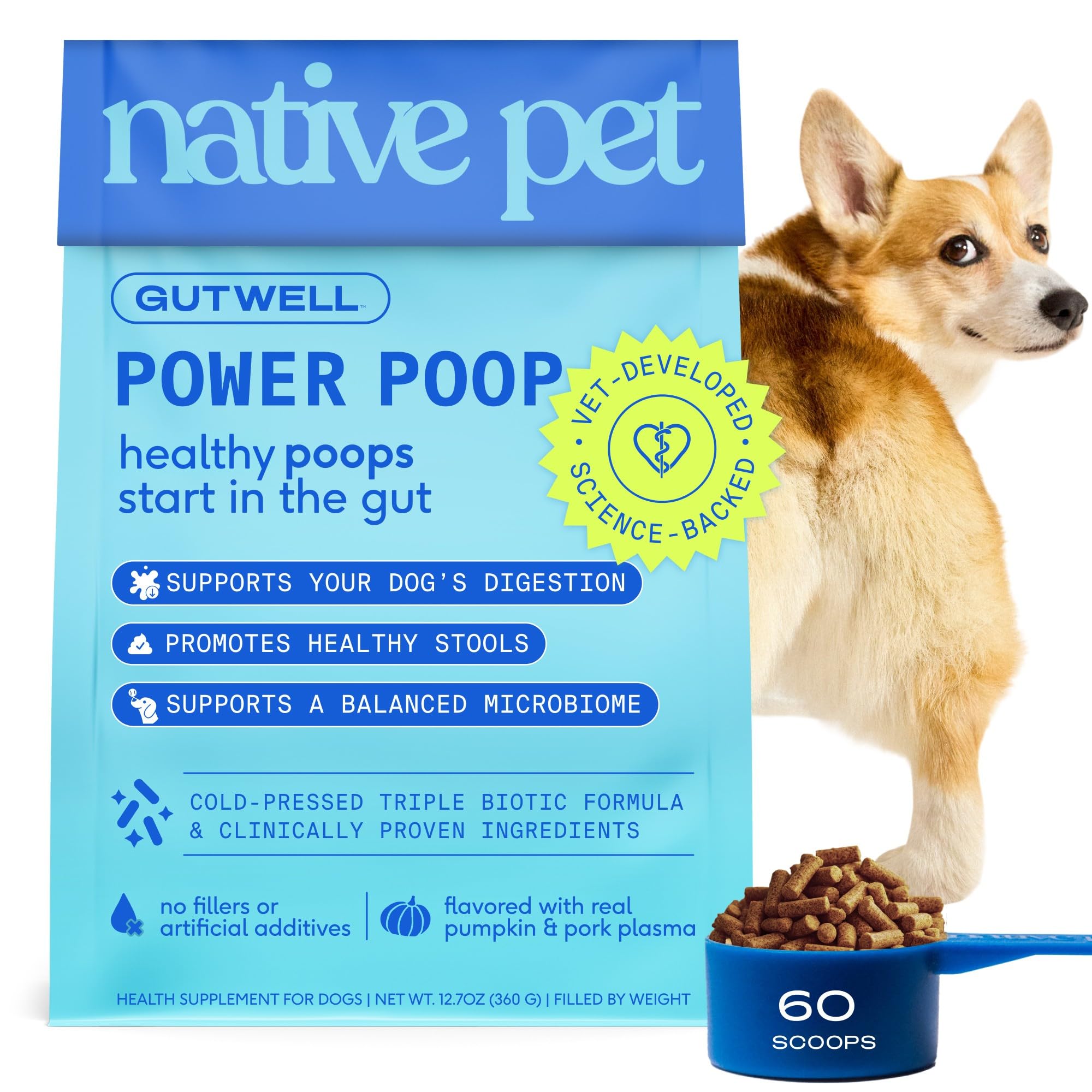 Native Pet GutWell Power Poop — bouteille pratique pour soutenir la digestion et la régularité.