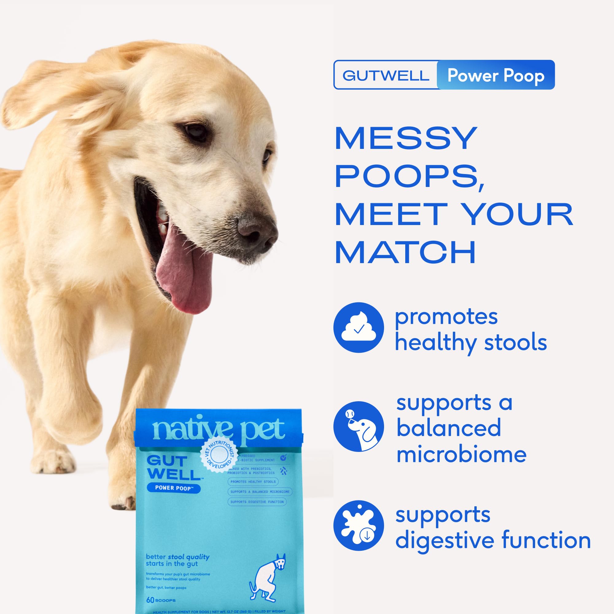 Native Pet GutWell Power Poop cuillere-dose pour doser facilement dans le repas
