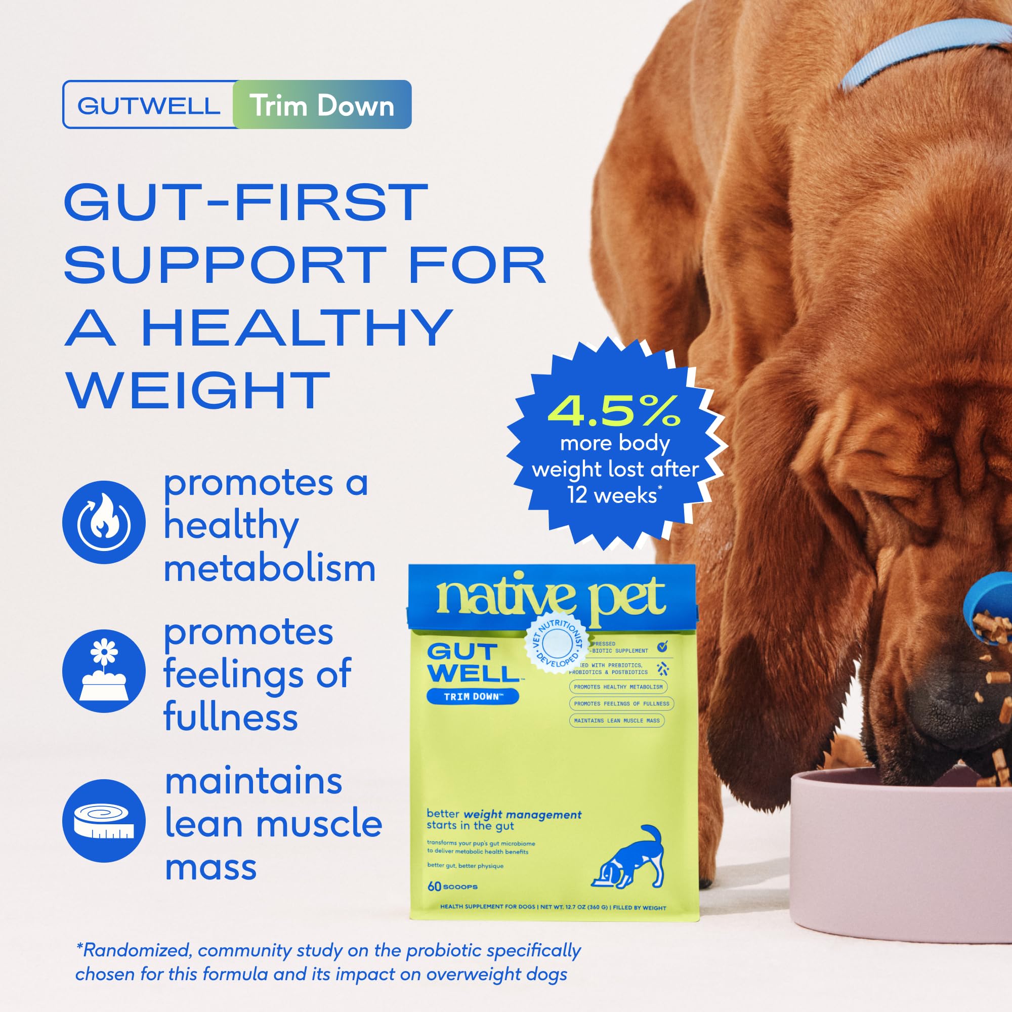 Native Pet GutWell Trim Down dosettes visibles, utilisation simple pour chaque repas.