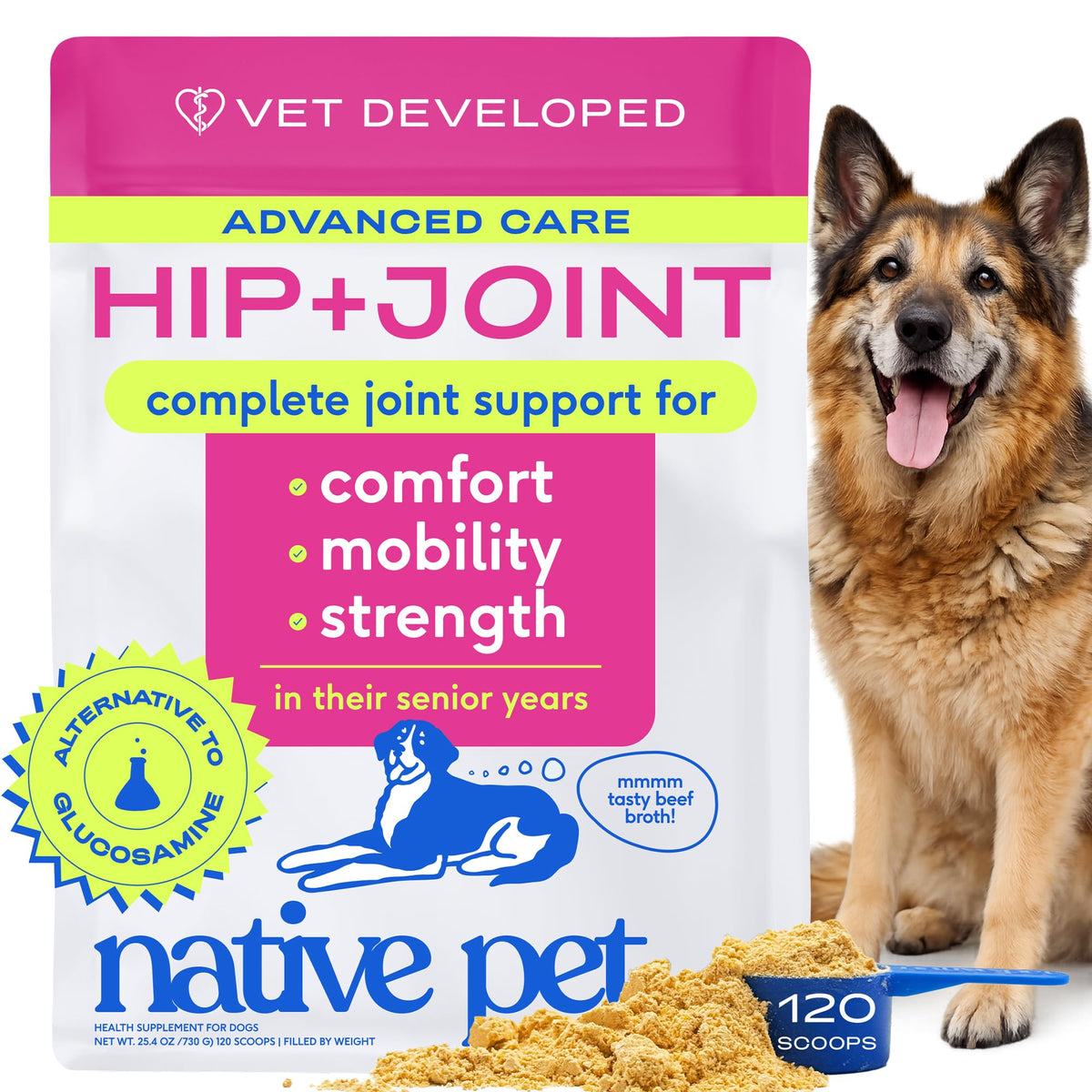 Native Pet hanche-articulation-poudre, soutien potentiel à la mobilité des chiens âgés.