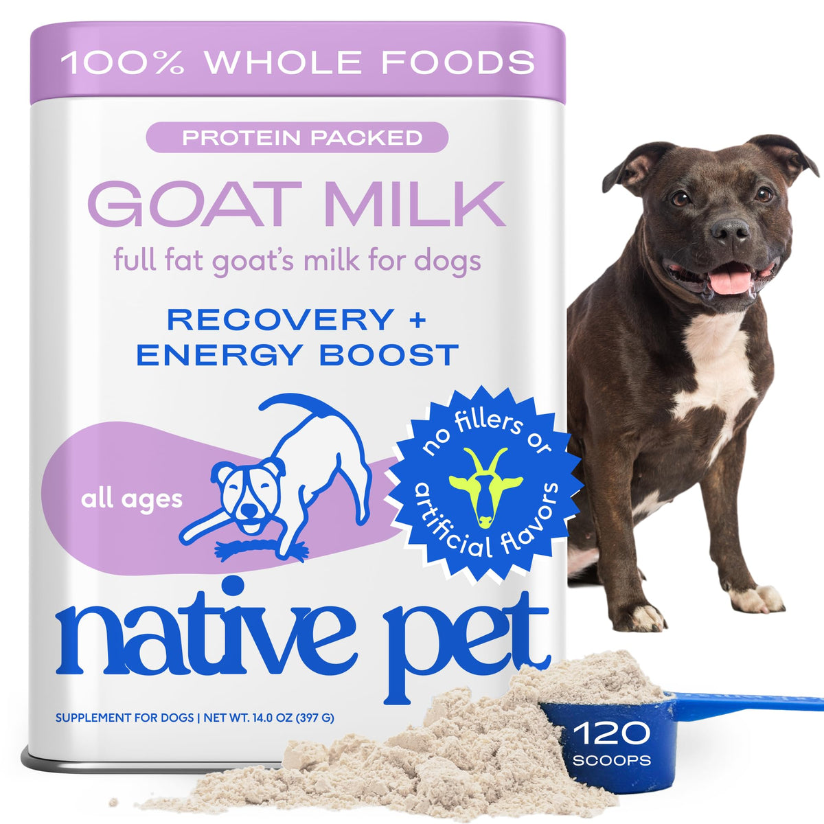 Native Pet lait de chèvre en poudre dans une bouteille, soutient l'énergie des chiens actifs.