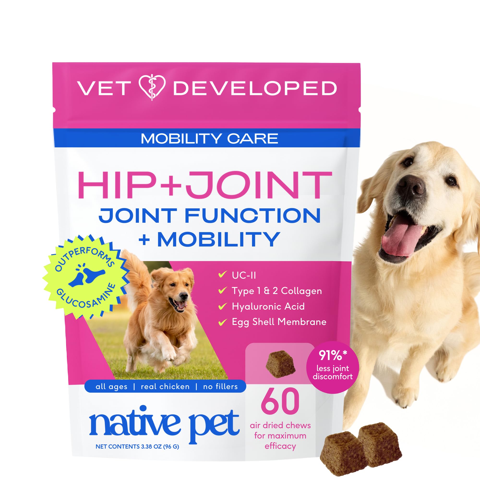 Native Pet Mobility Care: bouchées pour soutenir les hanches et la mobilité canine.