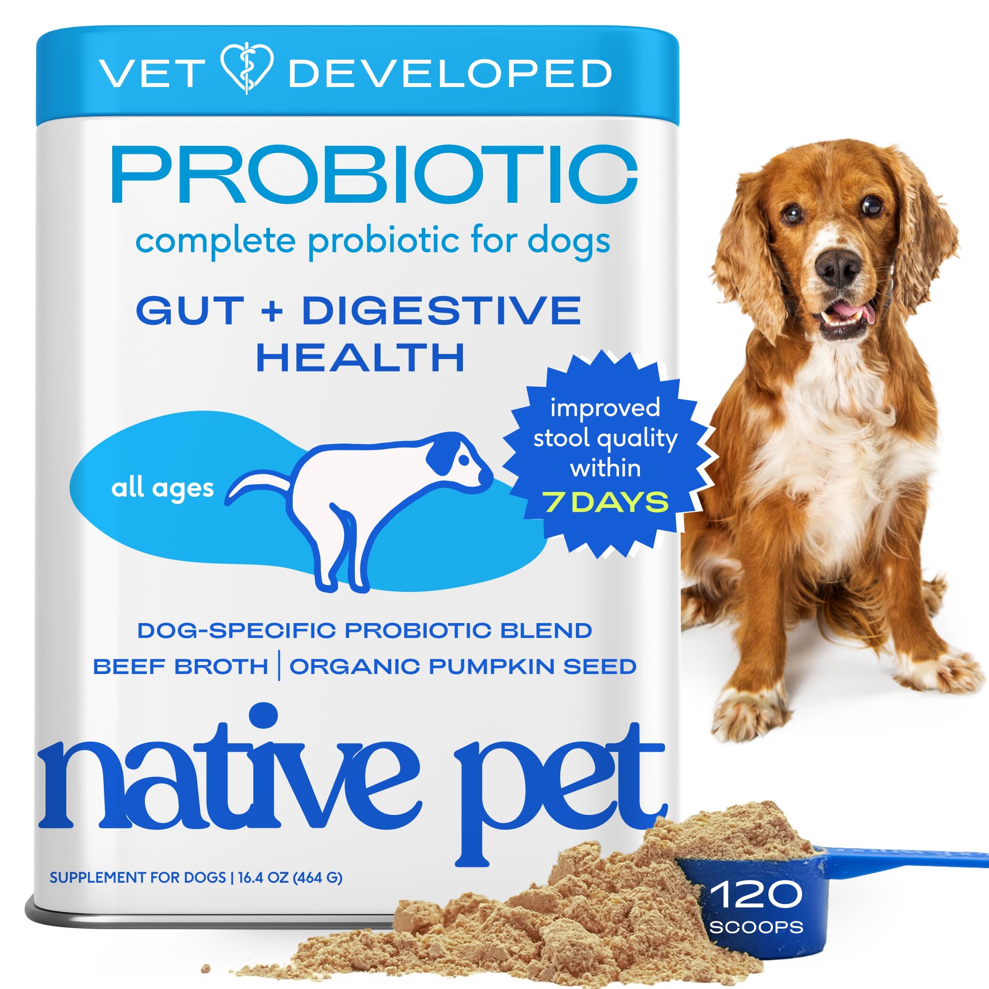 Native Pet Probiotiques pour chiens — emballage bouteille, format pratique pour une utilisation quotidienne.
