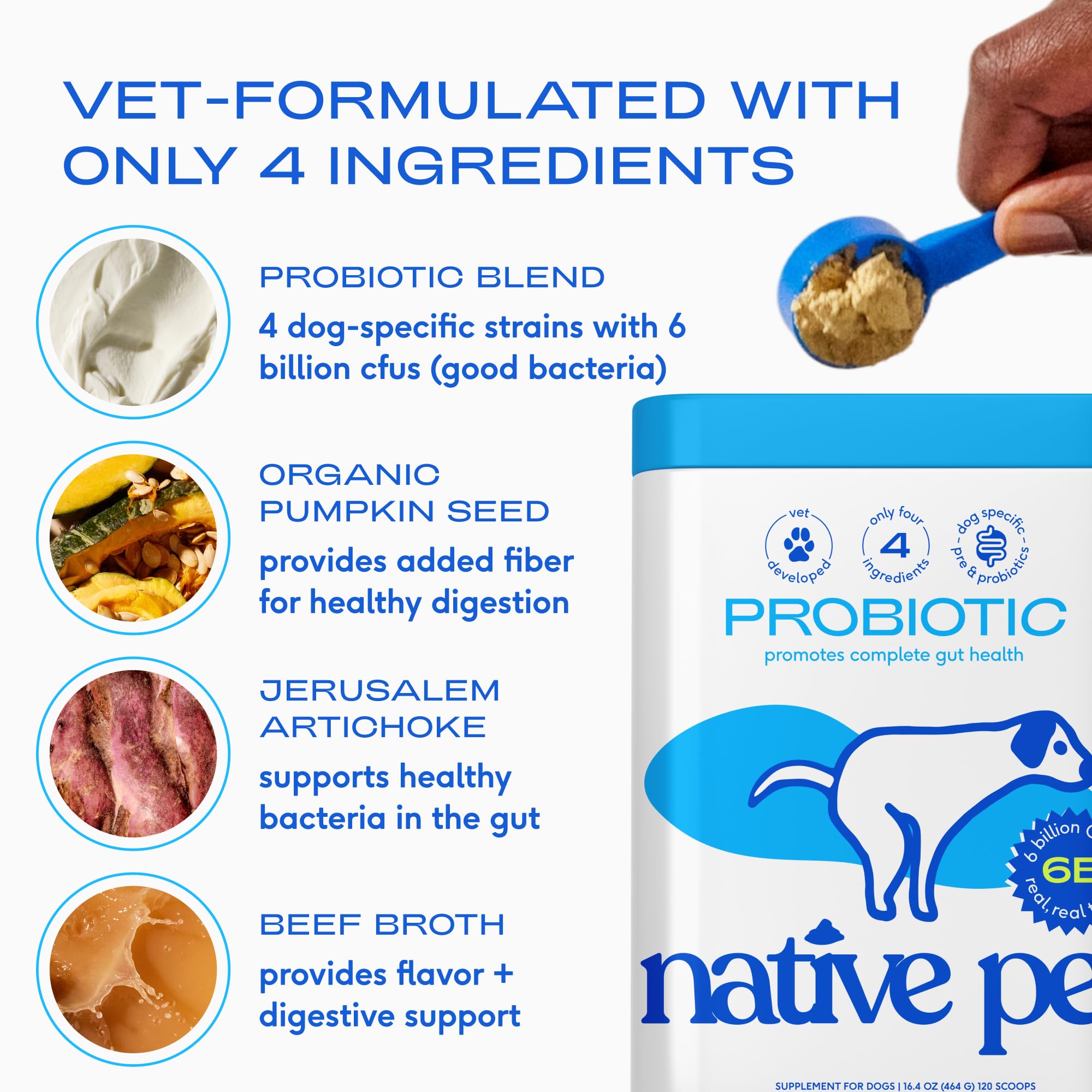 Native Pet Probiotiques pour chiens — chien heureux qui déguste le goût de bouillon de bœuf.