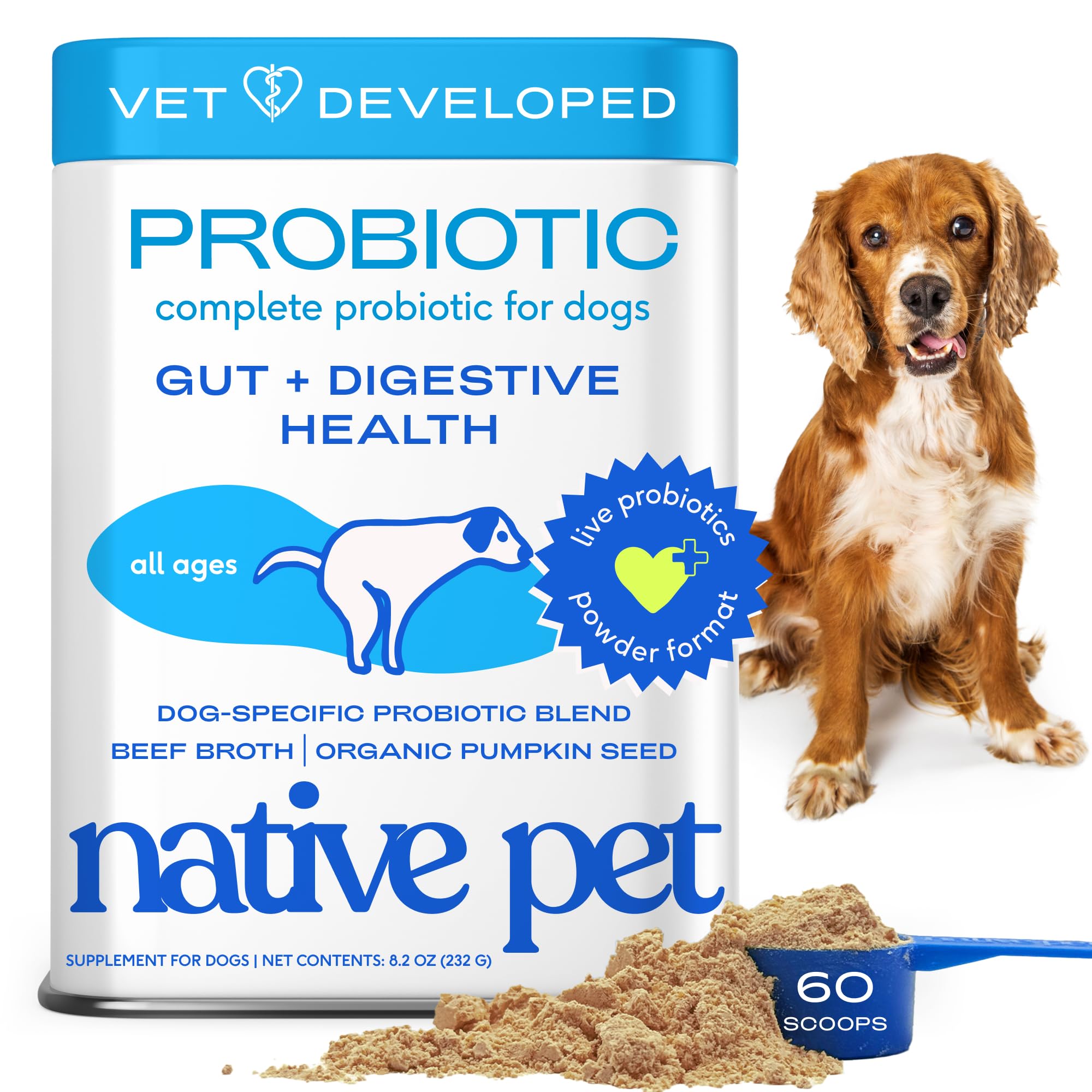 Native Pet Probiotiques pour Chiens poudre vue de près avec bénéfice digestif possible