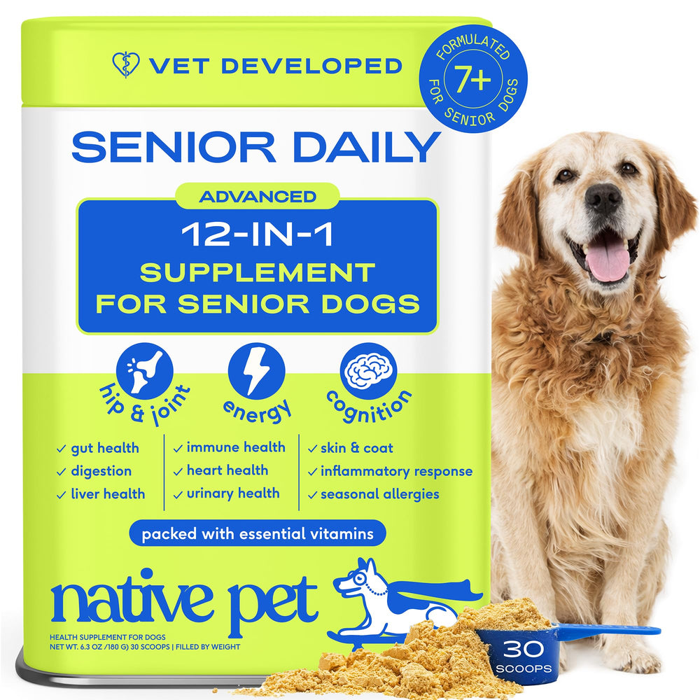 Native Pet Senior poudre dans pot prête à être mélangée dans l'alimentation du chien