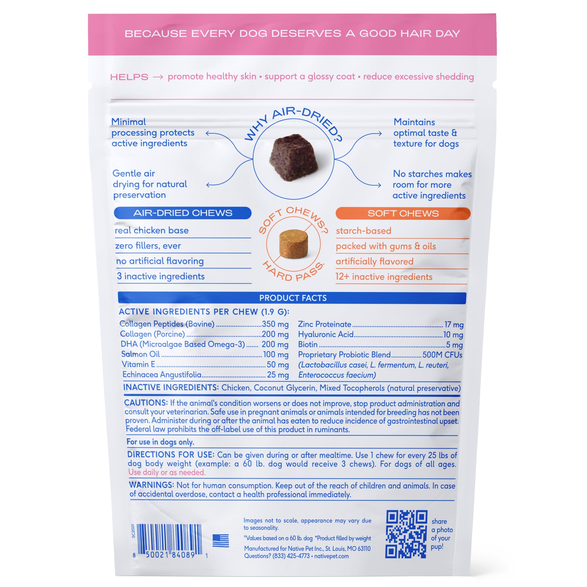 Native Pet Skin & Coat Chews, fabrique aux etats-unis avec ingredients naturels.