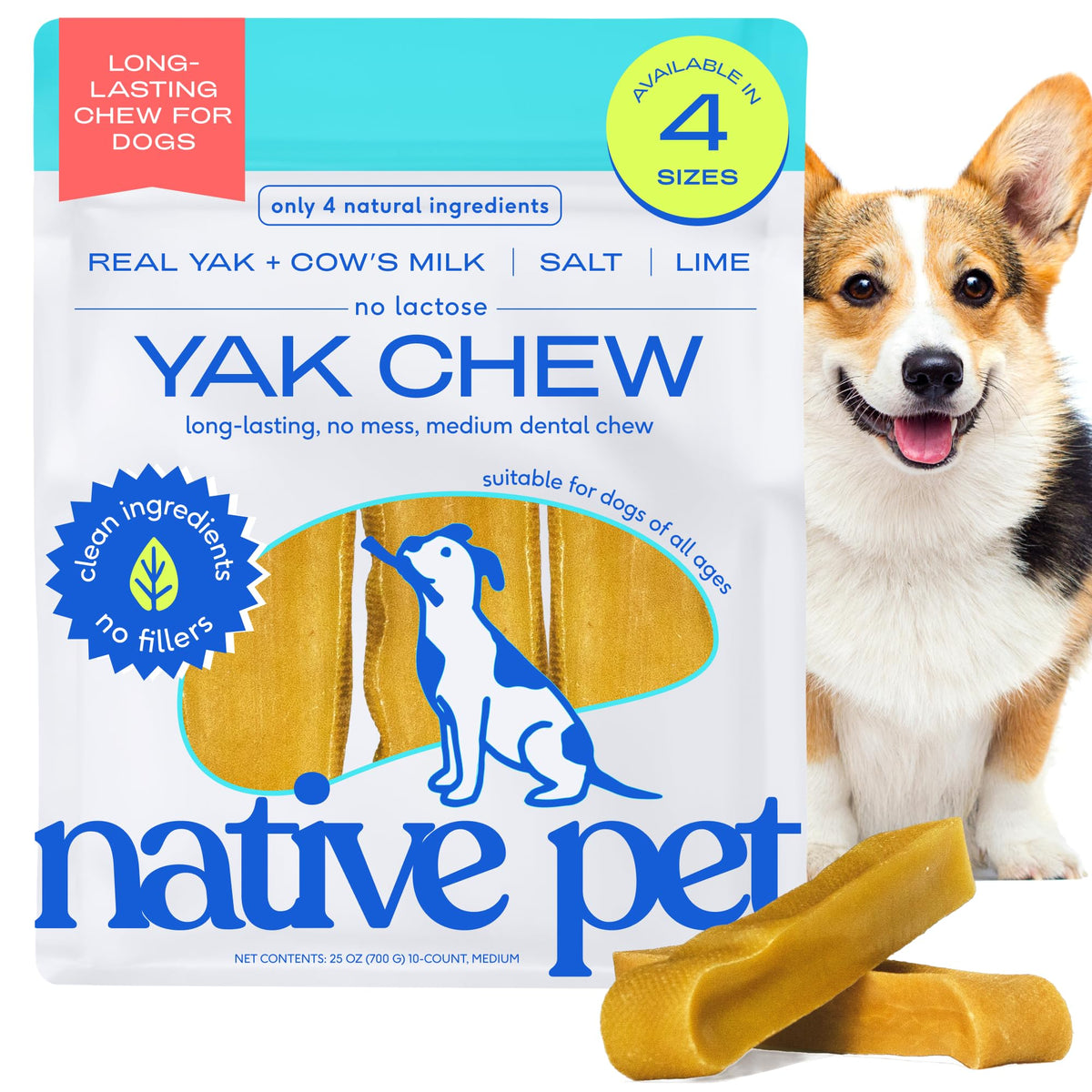 Native Pet yak cheese Himalayan, bâtonnet dentaire durable, améliore l'hygiène bucco-dentaire.