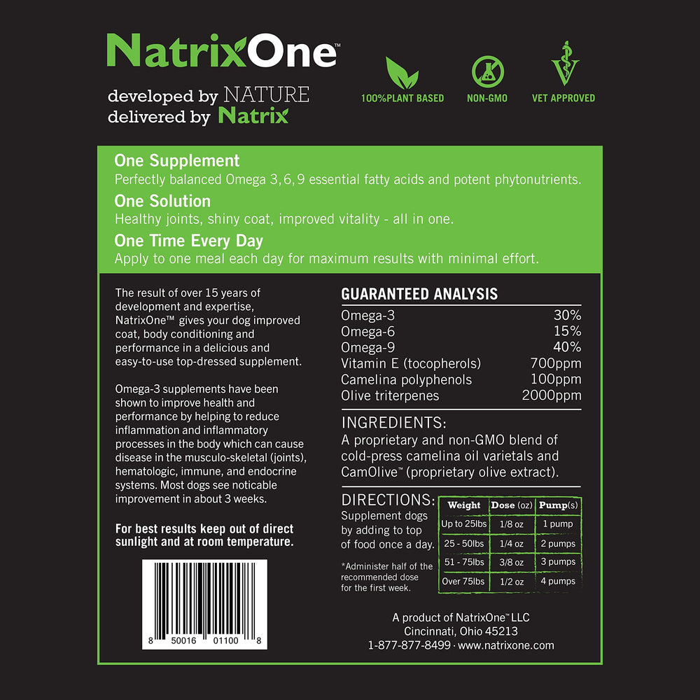 NatrixOne huile camelina chien — intégration facile à l'alimentation quotidienne.