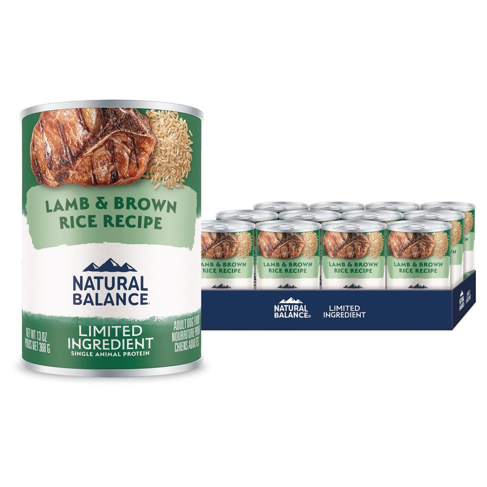 Natural Balance agneau et riz brun en conserve, emballage pratique pour repas chien.