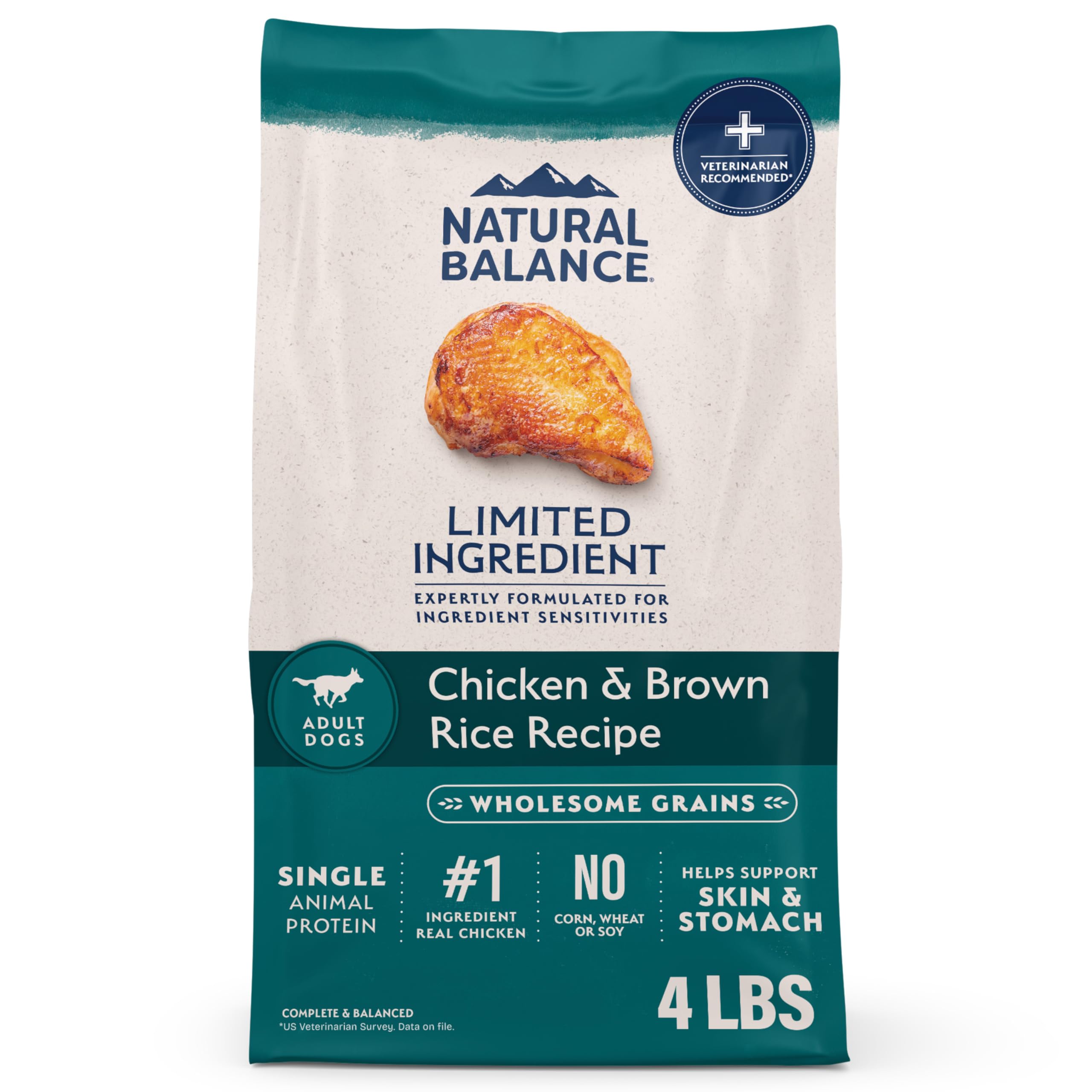 Natural Balance alimentation chien poulet et riz brun, sac 4 lb, digestion facile.