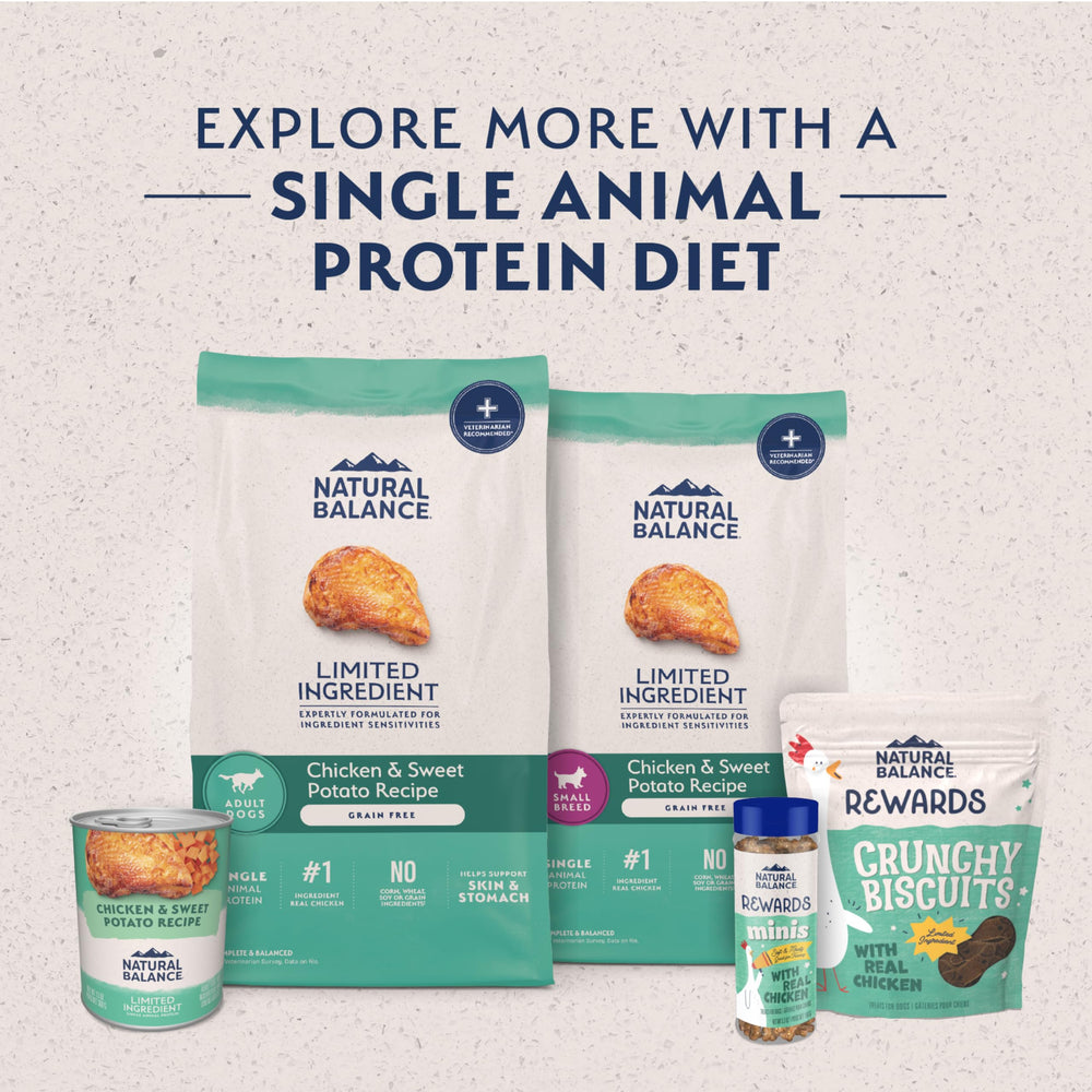 Natural Balance alimentation sèche adaptée chiens sensibles et réguliers.