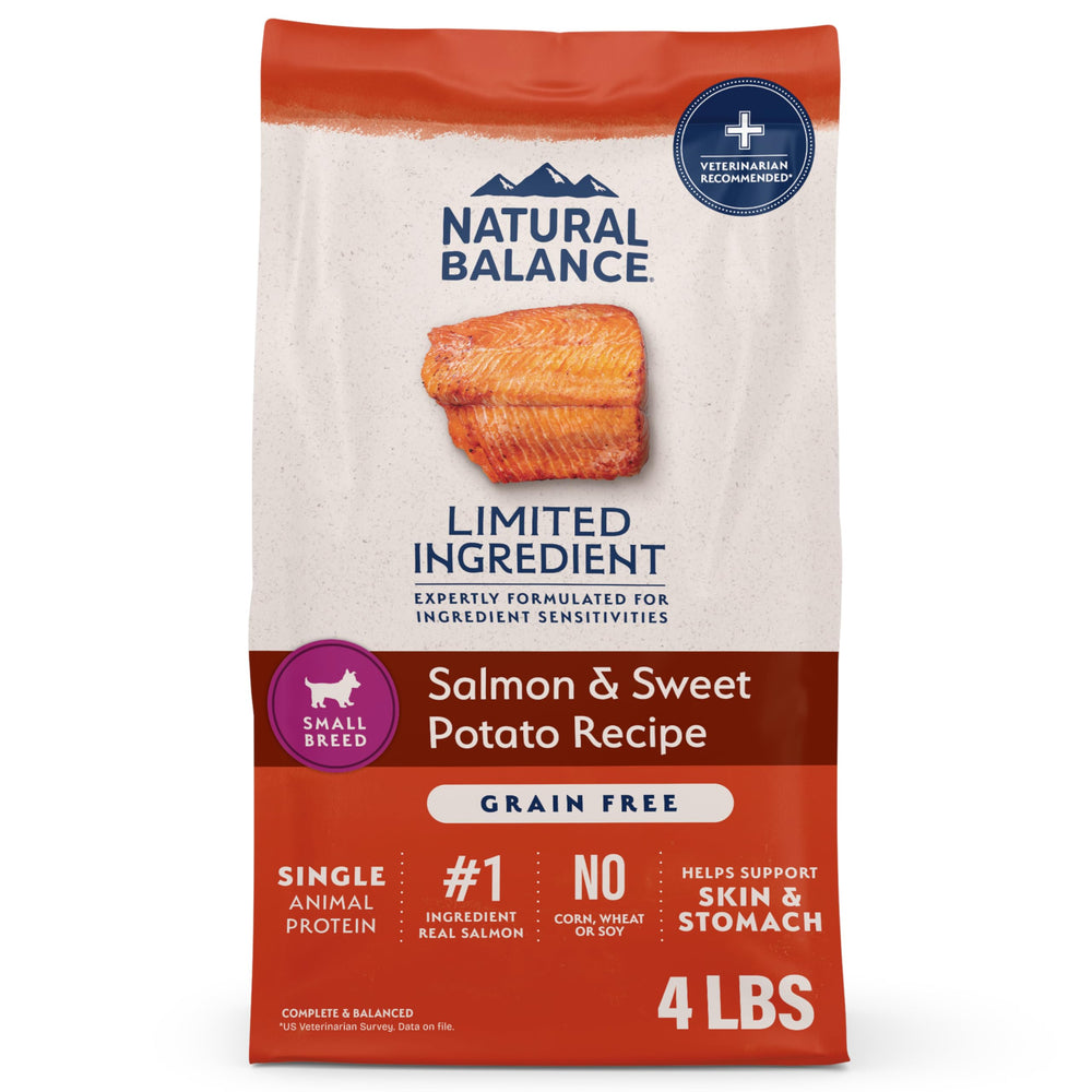 Natural Balance emballage 4 livres saumon et patate douce soutenant la digestion.