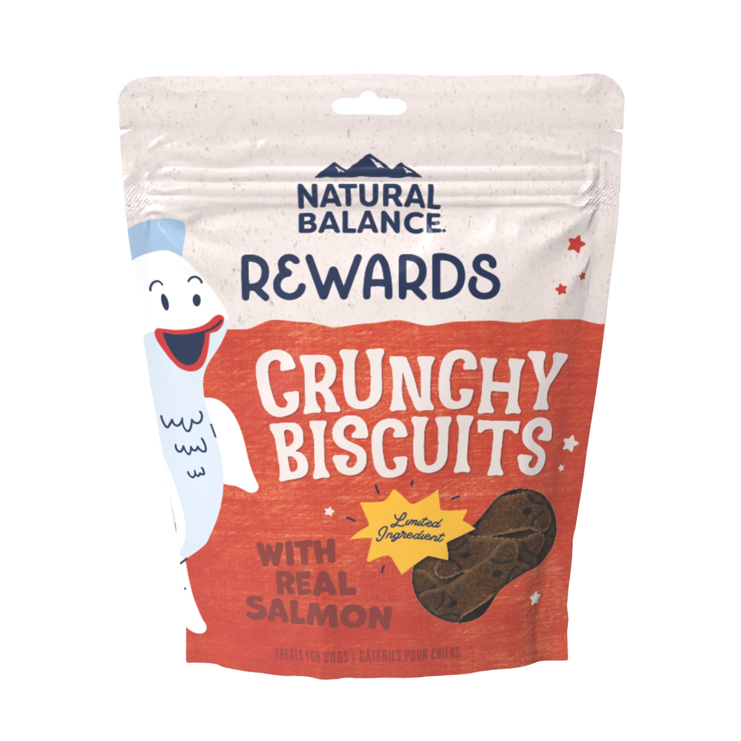 Friandises Natural Balance au saumon dans emballage clair, ingrédients limités pour chiens adultes.