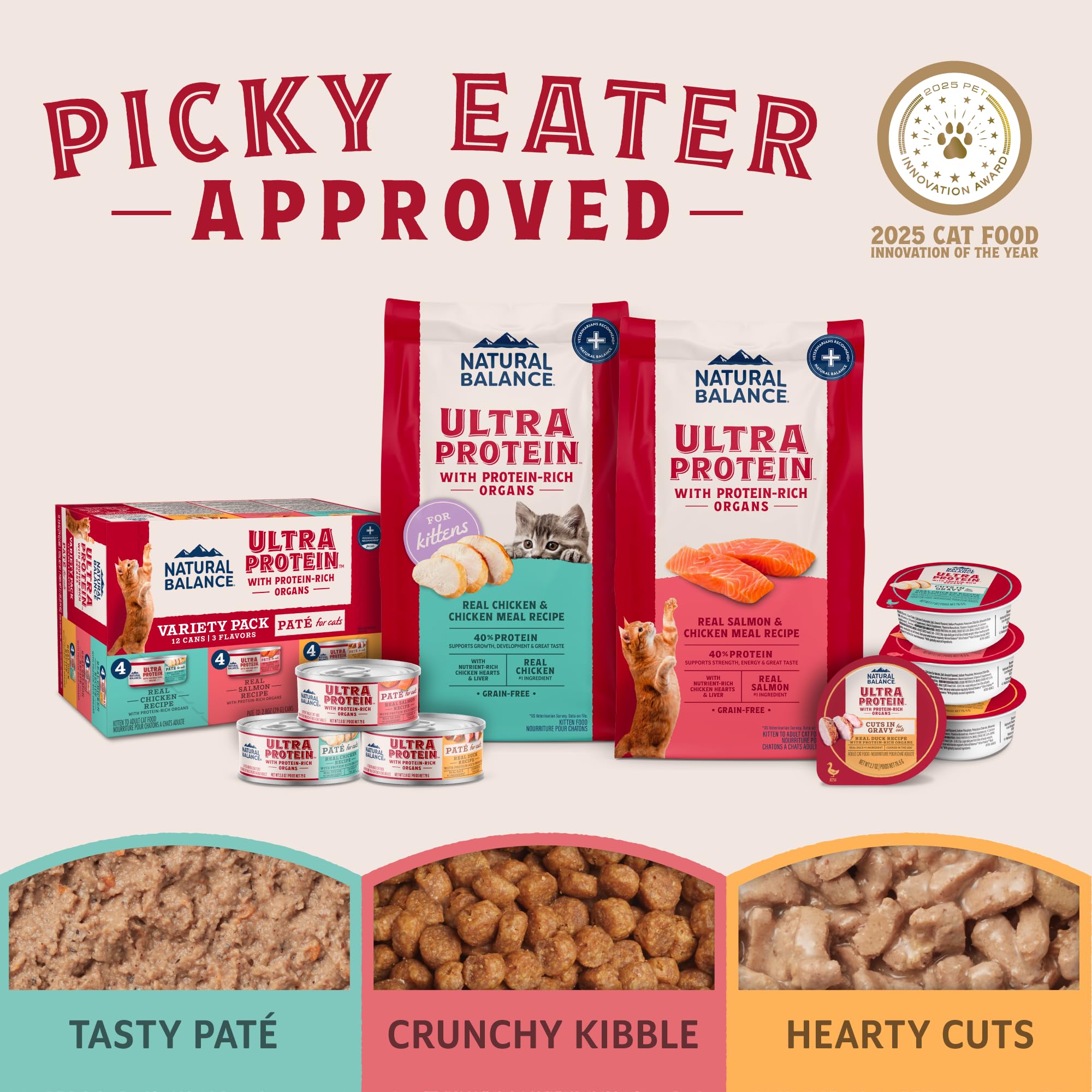 Natural Balance Ultra Protein Chat organes riches en protéines pour le goût et la satiété.