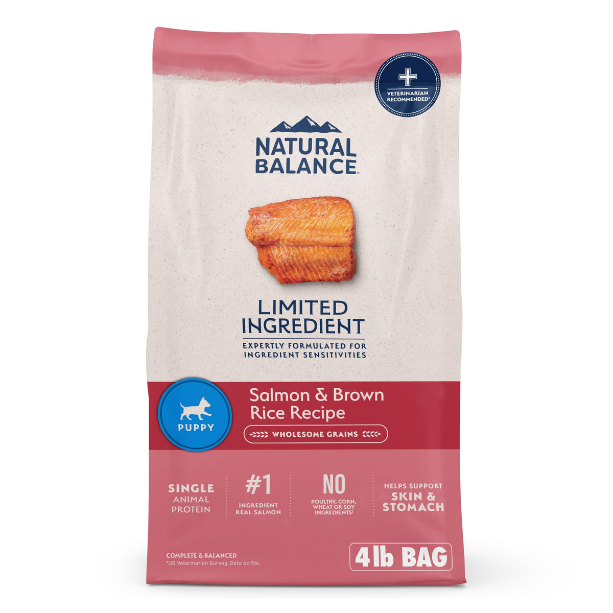 Natural Balance chiot emballage montrant saumon et riz brun, soutien digestion douce.