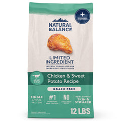 Natural Balance croquettes poulet et patates douces pour chien adulte, digestion facilitée.