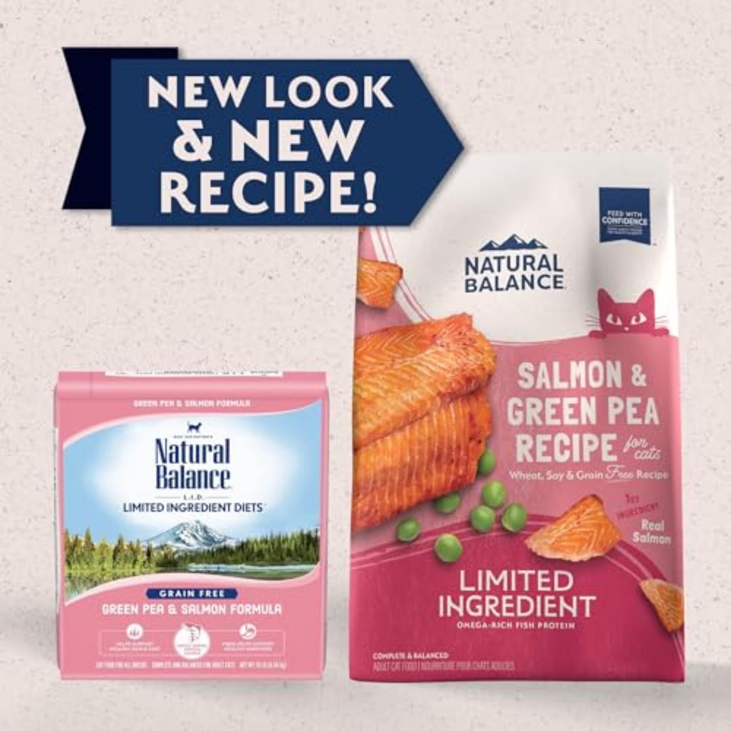 Natural Balance croquettes saumon et pois verts dans un bol, support digestif.