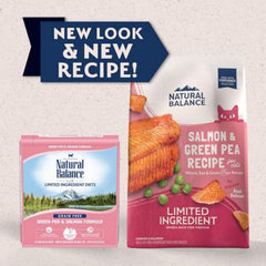 Natural Balance croquettes saumon et pois verts dans un bol, support digestif.