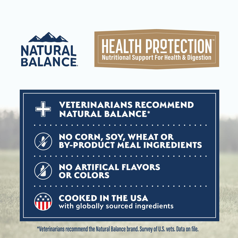 Natural Balance Health Protection sans maïs, soja ni blé, ingrédients naturels.