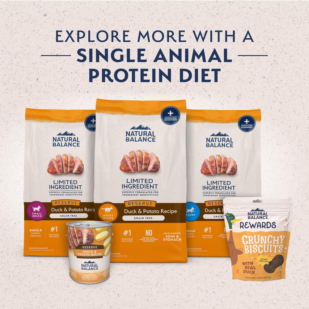 Natural Balance ingrédients limités chiots, sans céréales ni allergènes courants, soutien potentiel.
