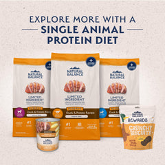 Natural Balance ingrédients limités chiots, sans céréales ni allergènes courants, soutien potentiel.