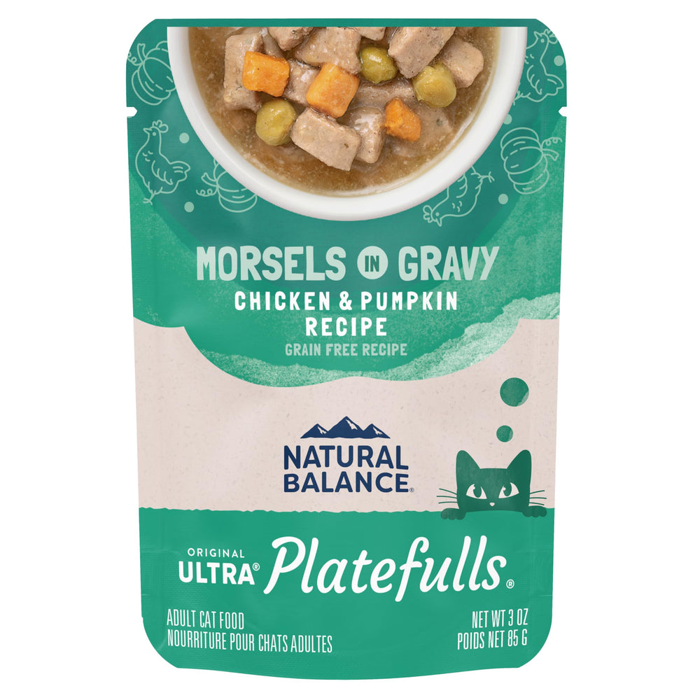 Natural Balance Platefulls chat poulet et citrouille en gravy, repas appétissant et équilibré.