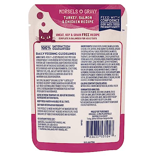 Platefulls Natural Balance en jus, dinde-saumon-poulet, repas appétissant pour chats d'intérieur.