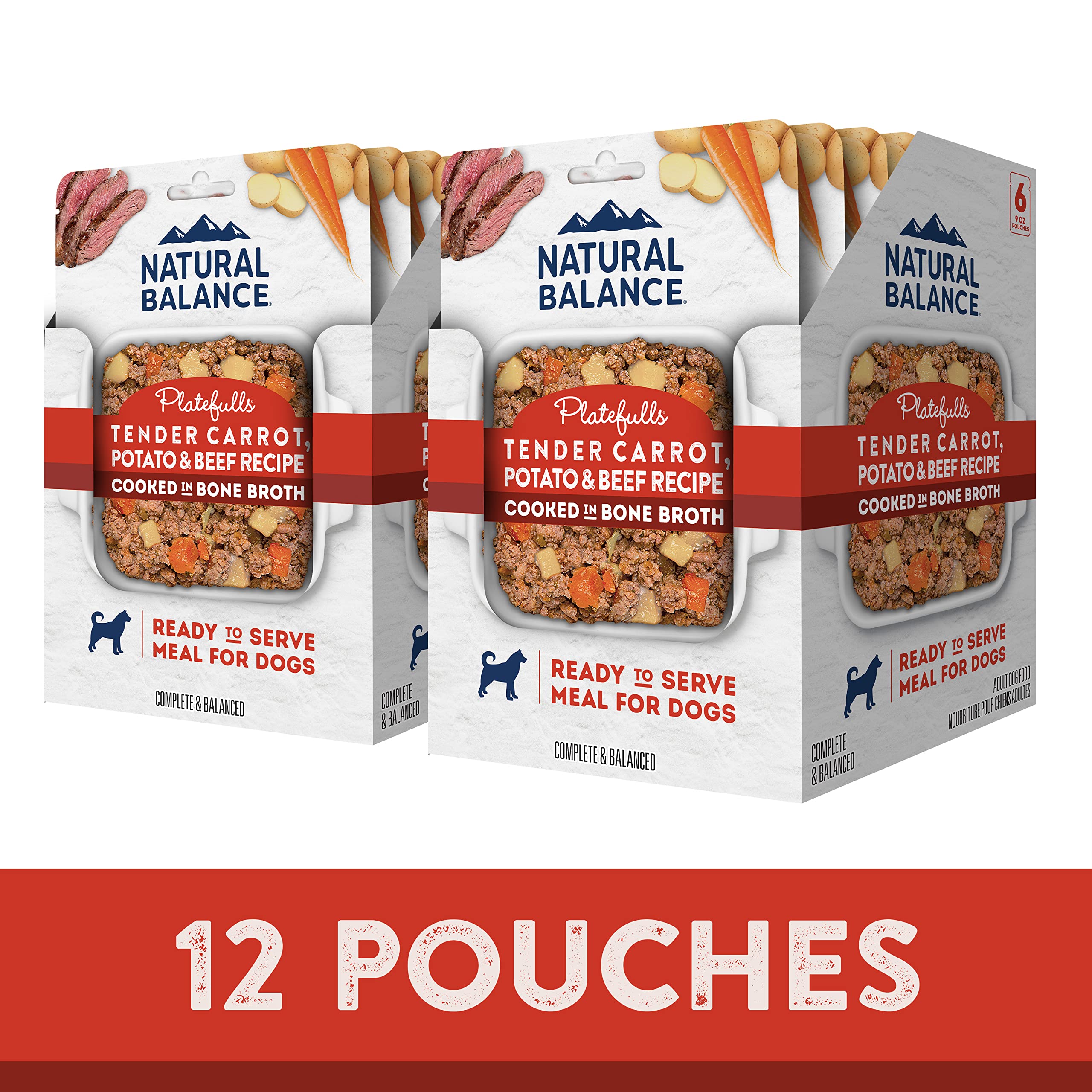 Natural Balance Platefulls Homestyle Boeuf Carottes Pomme de Terre dans Bouillon, texture appétissante.