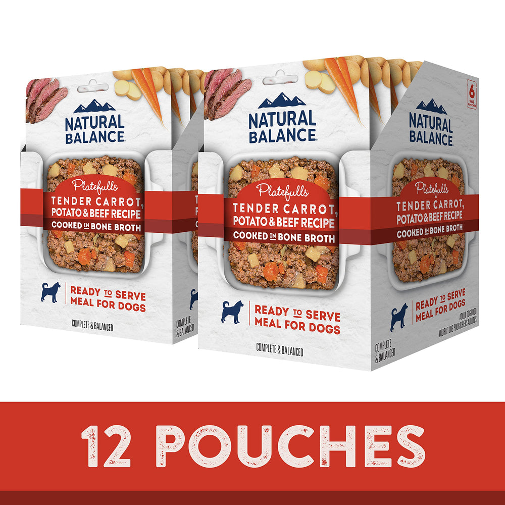 Natural Balance Platefulls Homestyle Boeuf Carottes Pomme de Terre dans Bouillon, texture appétissante.