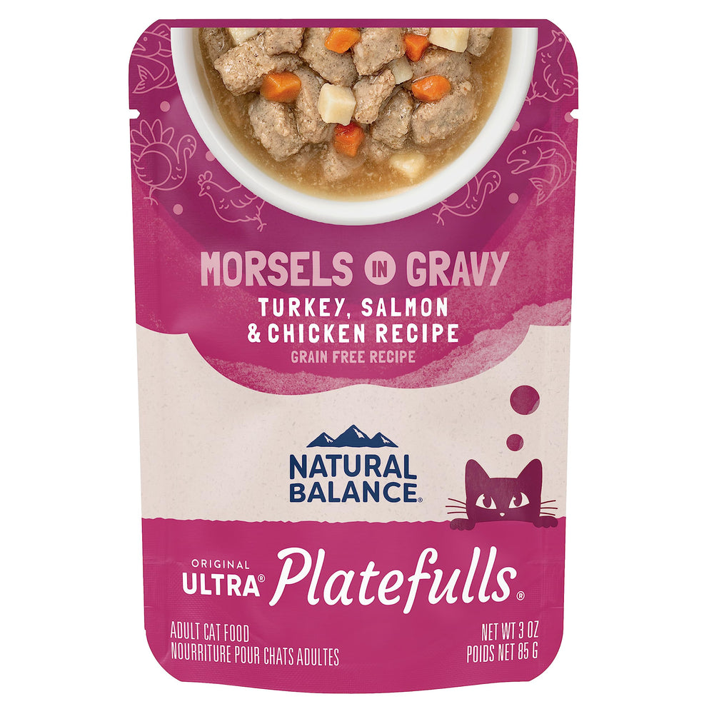 Platefulls Natural Balance, sachets 3oz, dinde-saumon-poulet, portions faciles à servir.