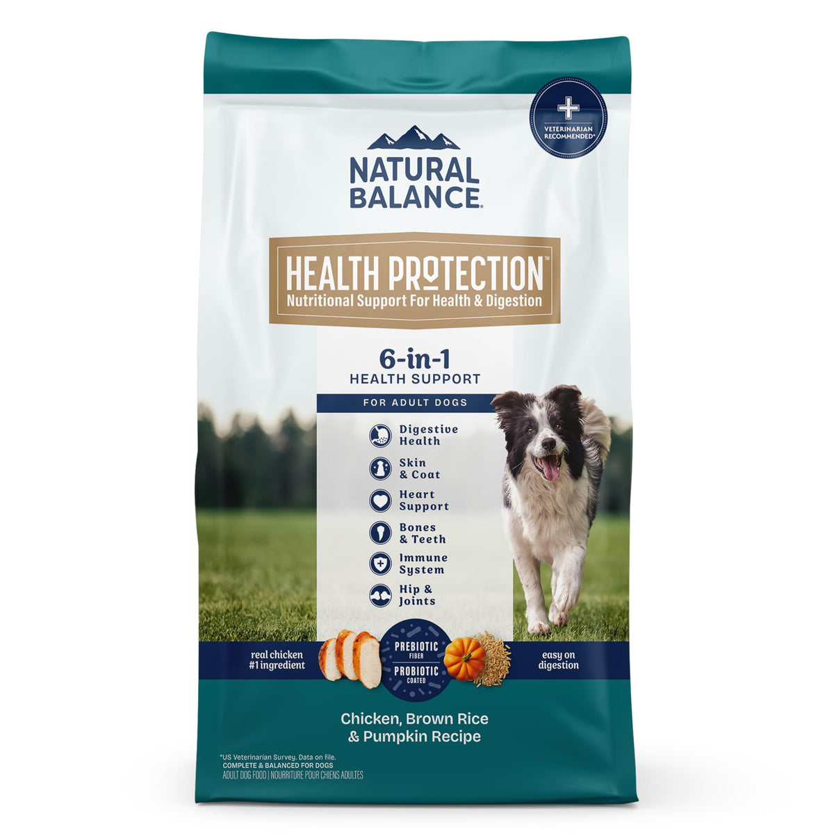 Natural Balance Health Protection: croquettes poulet-riz-citrouille pour digestion douce.