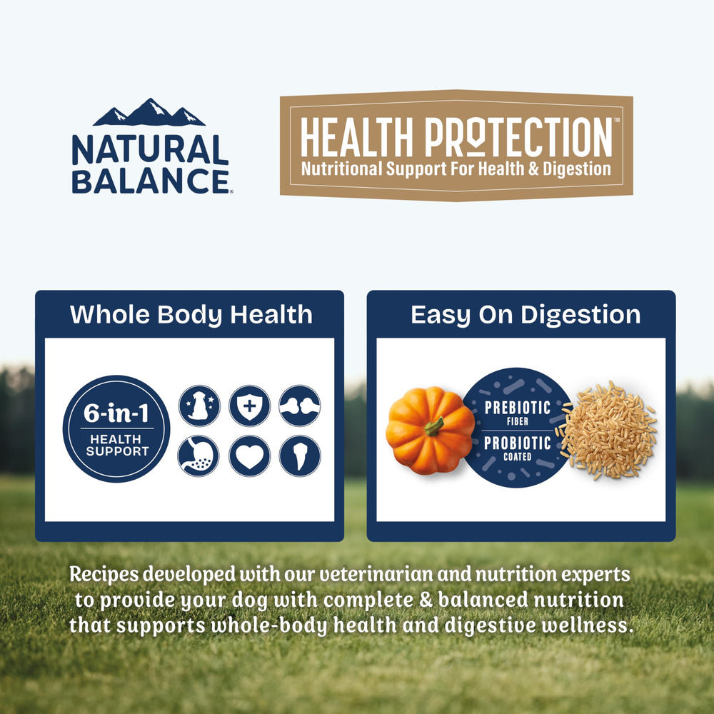 Natural Balance Health Protection : ingrédients naturels sans maïs, soja ni blé.