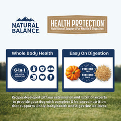 Natural Balance Health Protection : ingrédients naturels sans maïs, soja ni blé.