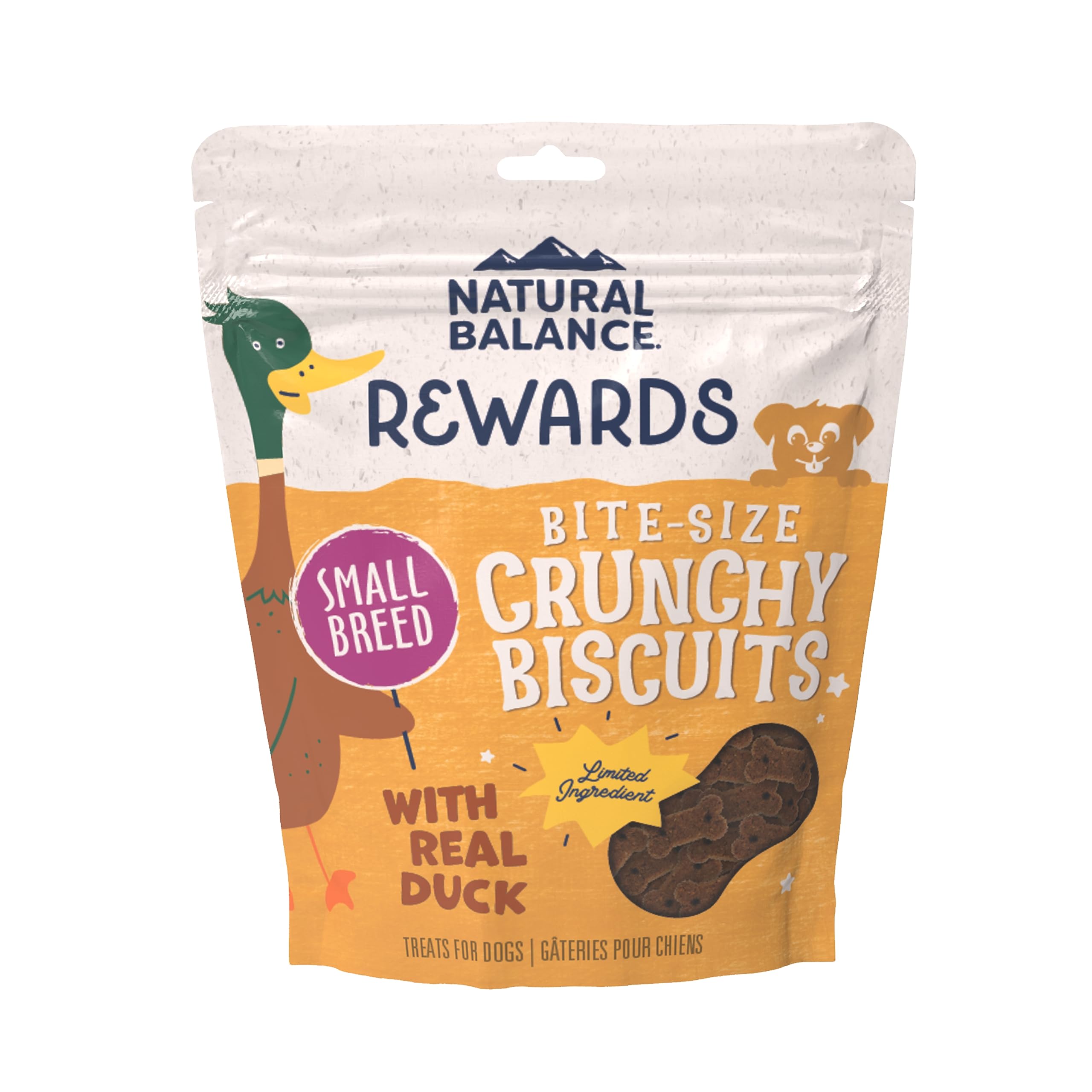 Natural Balance biscuits croustillants au canard pour petit chien, texture croquante et en-cas pratique.