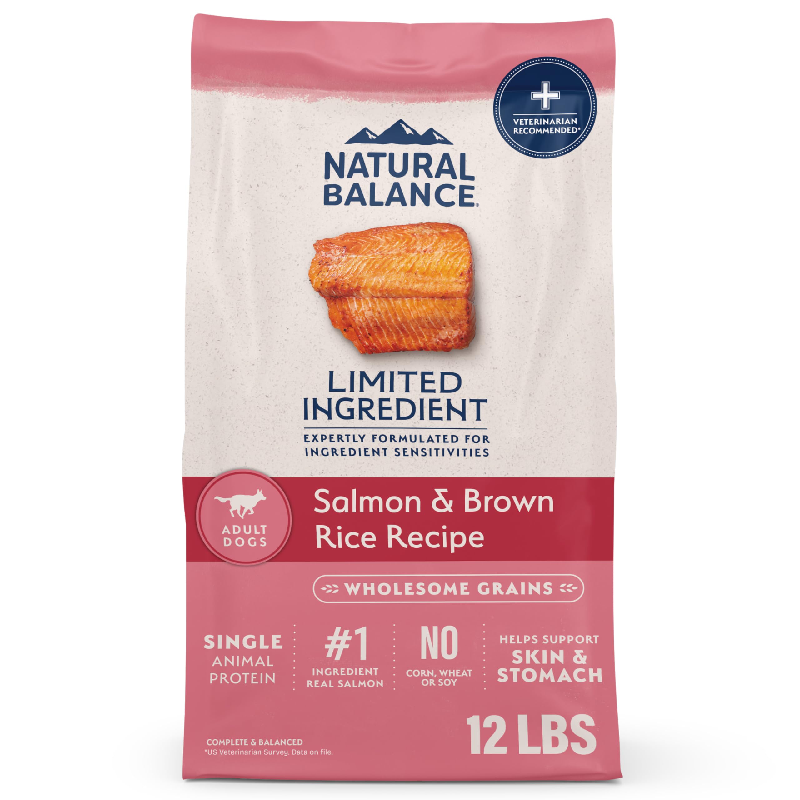 Sac Natural Balance pour chien saumon et riz brun, format 12 livres, repas équilibré.