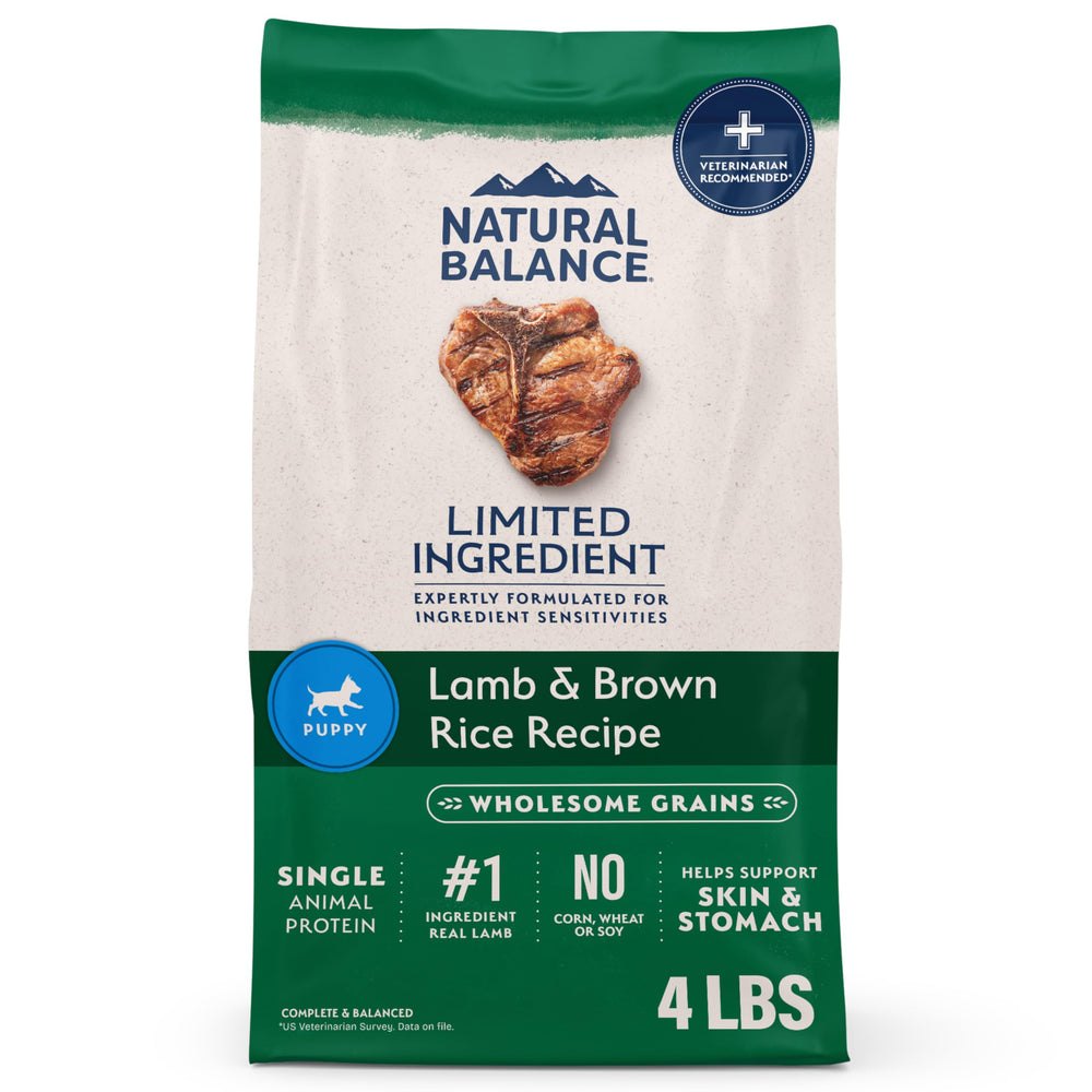 Natural Balance croquettes chiot dans sac pratique et dosage facile.