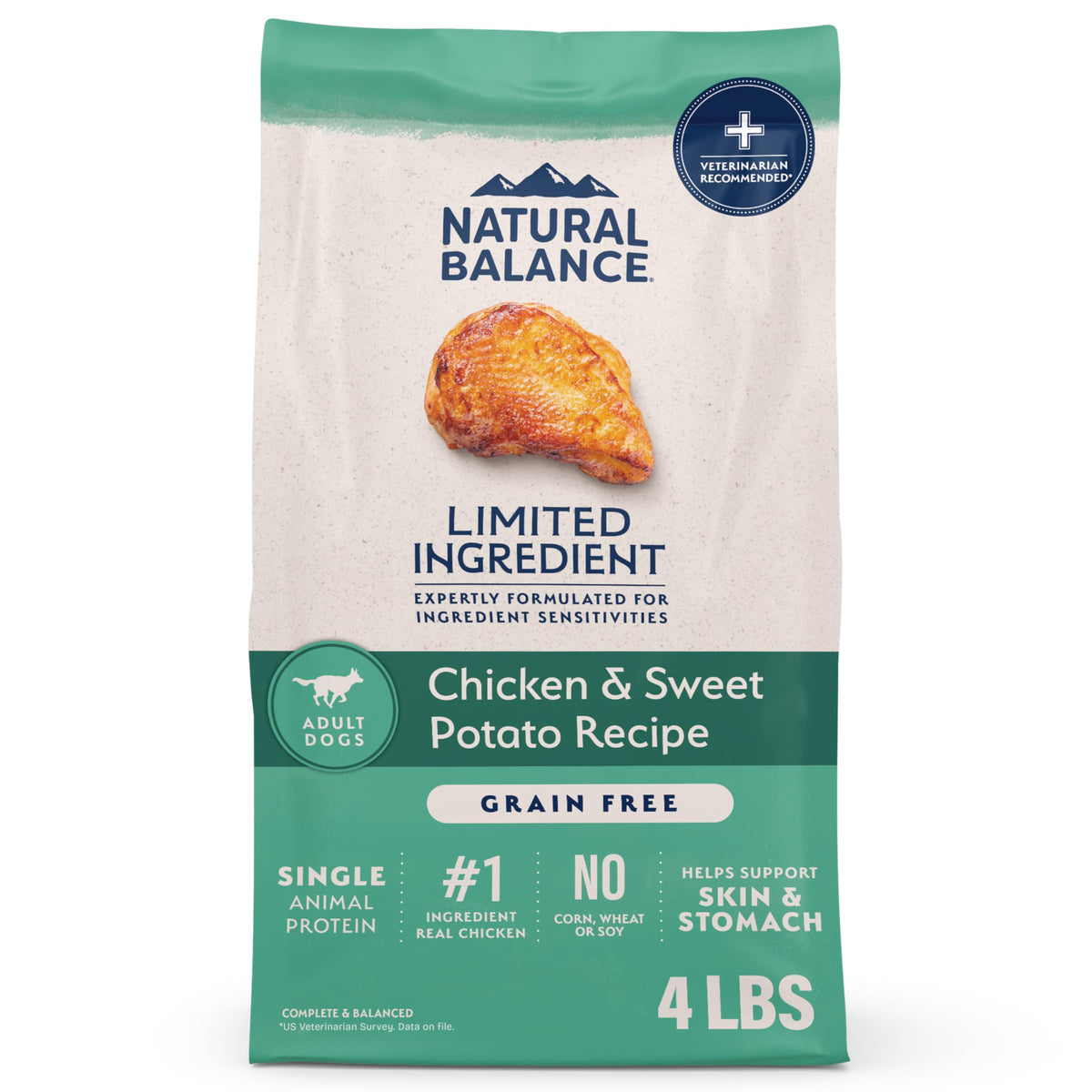 Natural Balance sachet poulet patate douce pour chien, digestion facilitée.