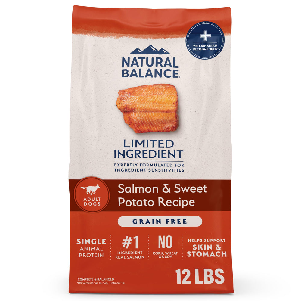 Natural Balance saumon-patate-douce-sec, croquettes protéiques adaptées pour chiens sensibles.